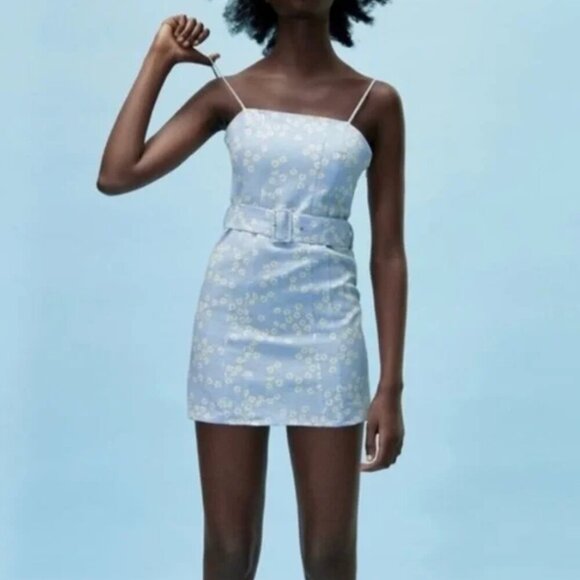 Zara Blue Floral Mini Dress Size Medium - Picture 1 of 11